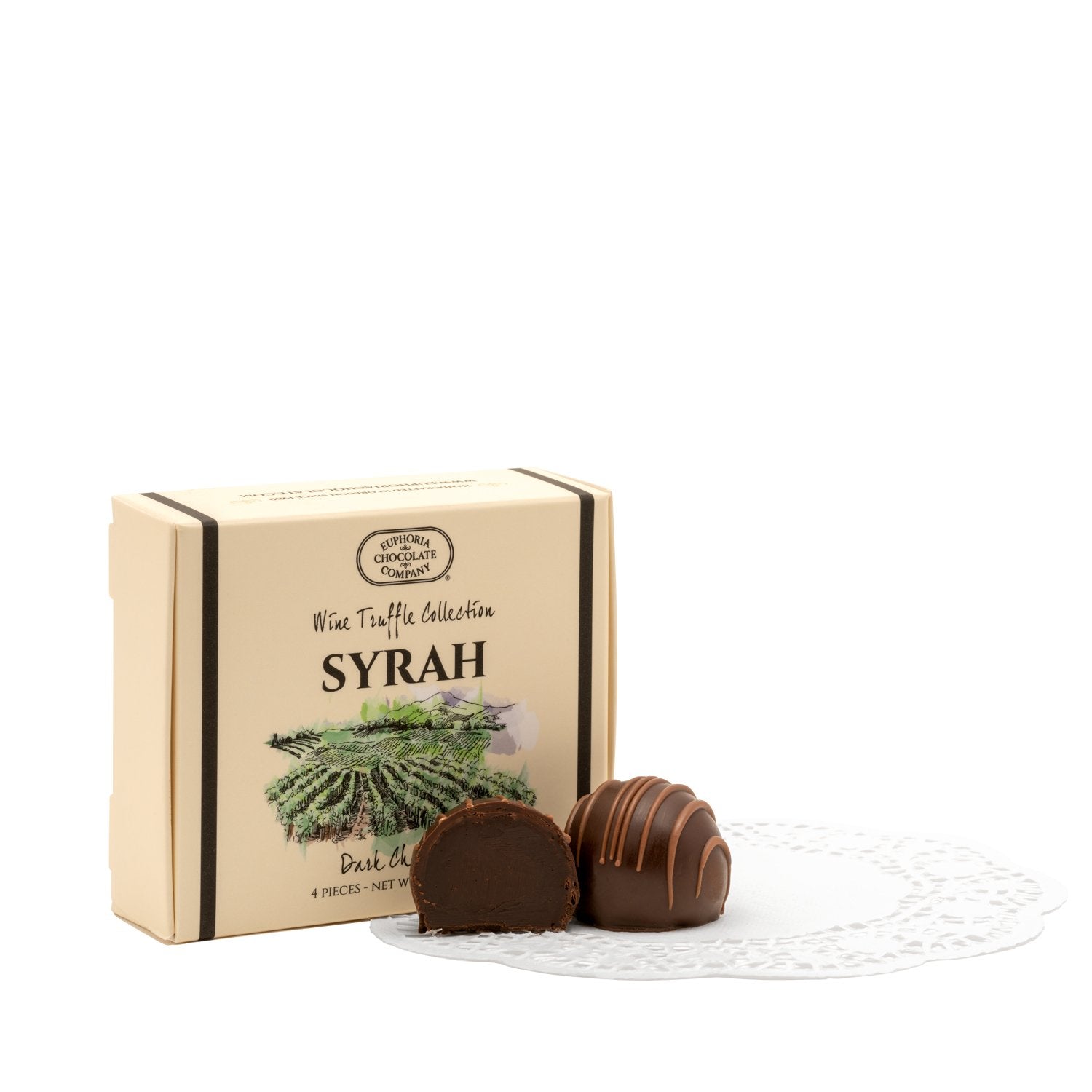 A gift box of 4 Euphoria Chocolate Company Syrah wine truffles against a white background.