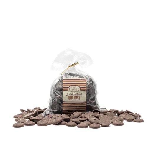 A resealable plastic bag filled with dark chocolate buttons, with a label showing the Euphoria Chocolate Company brand and the product name. Additional chocolate buttons are scattered in front of the bag against a white background.